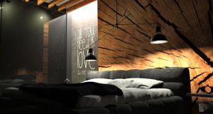 Black Bedroom with Wood Wall Decor by OES Architekci